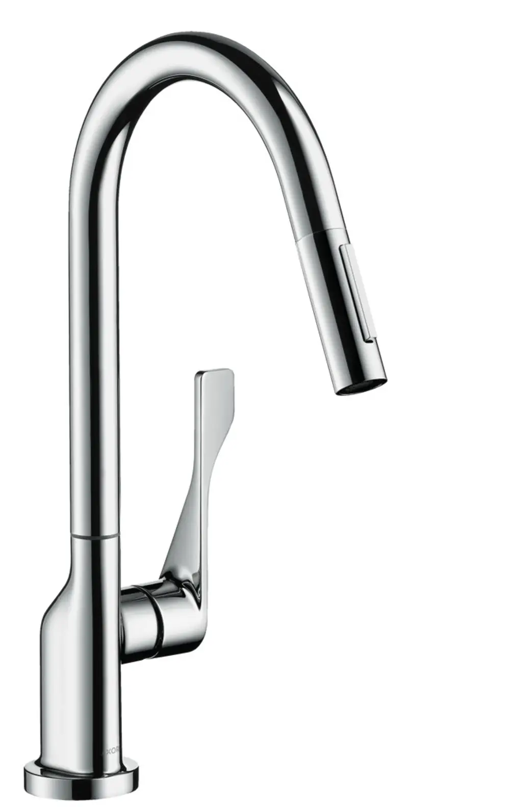 Küchenarmatur von AXOR mit hohem, gebogenem Auslauf und integrierter Ausziehbrause. Sie verfügt über einen ergonomischen Griff zur einfachen Steuerung des Wasserflusses.